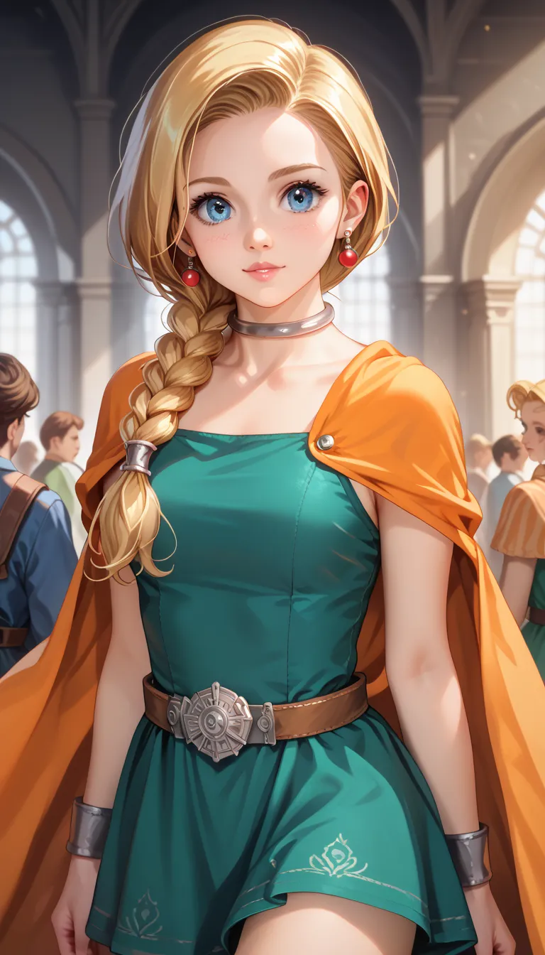 (dqBianca), 1girl, single braid, hair over shoulder, silky smooth hair, realistic hair texture, (detailed cute face:1.2),  wearing short green dress revealing thighs, silver choker, orange cape, earrings, belt, (high quality, masterpiece:1.2), high resolut...