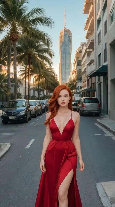 mulher extremamente linda, standingn, frente, on a beautiful street with lots of palm trees and vegetation, ((grass green eyes)), (((perfect eye))), (((redhead))), ((red)) Evening gown, in a stunning setting, skyscraper on the ground in the background, bea...