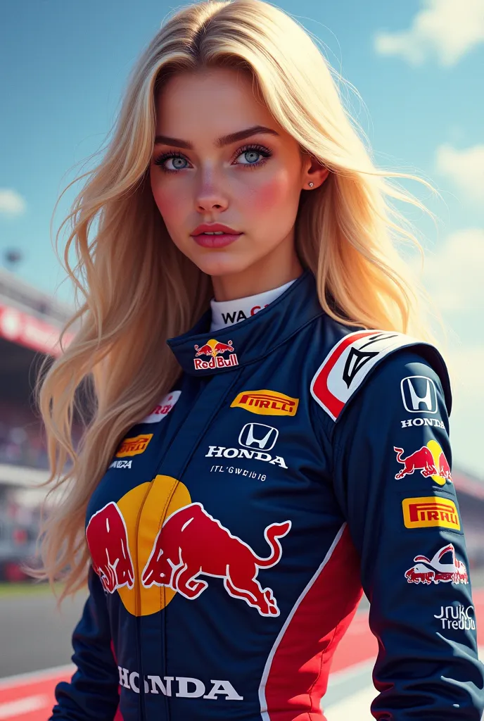 A Formula 1 card from a girl who is dressed in Formula 1, Blonde with very long hair with blue eyes and wearing Red Bull, honda, etc... 