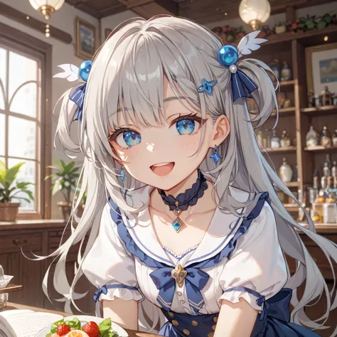 Light Grey Hair、long hair、 eye larger、Keep the outer corner of your eye high 、lashes slightly longer、Small nose、Open your mouth slightly、smile、18 years old、Lean forward、Short sleeve、the top of the chest is exposed、 pendant、small hair ornament