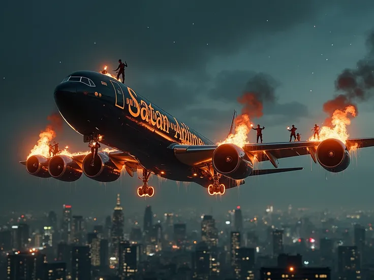 A dark and eerie night-time scene featuring a large commercial airplane with a black and ominous design labeled "Satan Airline." The airplane is flying above a modern cityscape with a dramatic, cinematic atmosphere. The plane is engulfed in flames, with ee...