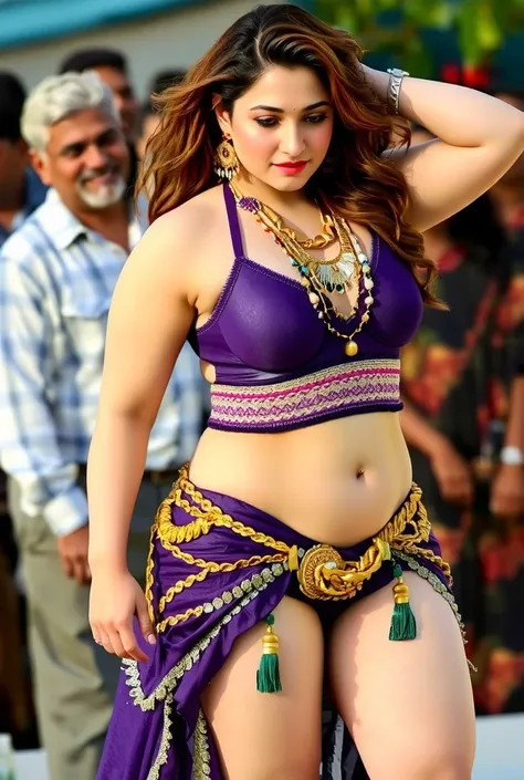  Tamannaah a woman with long, curly brown hair, wearing a purple bra and a purple skirt adorned with gold beads and tassels. She is dancing erotically in front of a backdrop of other people, including a man in a white and blue checkered shirt, and a woman ...