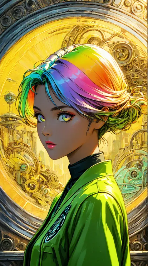 ((best quality)), ((masterpiece)), (detailed), perfect face of cyberpunk mecha japanese girl, neon rainbow eyes, neon yellow body, rainbow hair, ((monochromatic neon rainbow color palette)), surreal, art nouveau, in the illustrative style of moebius, space...