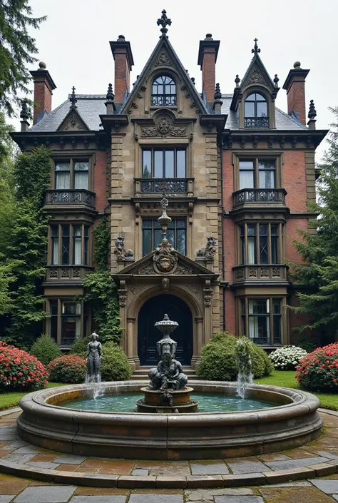 The façade of an obscure Victorian mansion from 1883 in London with Gothic architecture, The entrance has a large dark wooden door, on the roof and the cornices there are statues of gargoyles, the windows are narrow and long with a few balconies, In front ...