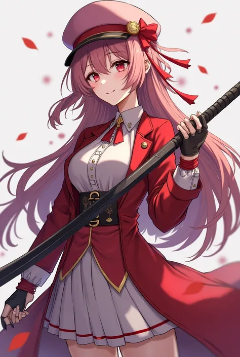 a woman in a red coat holding a sword and a pink hat, ayaka genshin impact, ayaka game genshin impact, genshin impact character, from the azur lane videogame, keqing from genshin impact, onmyoji, onmyoji portrait, onmyoji detailed art, cushart krenz key ar...