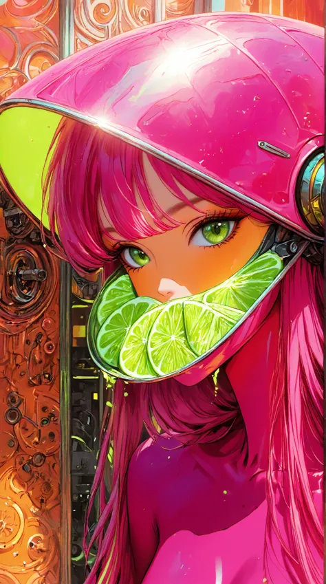 ((best quality)), ((masterpiece)), (detailed), perfect face of cyberpunk mecha japanese girl, neon pink body, neon pink hair, big neon lime green eyes, ((monochromatic neon pink, orange and lime green color palette)), surreal, art nouveau, in the illustrat...