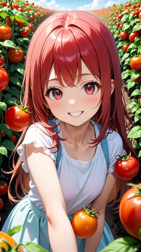 Girl in tomato field, smiling.