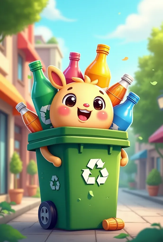 a mascot for garbage can with full of bottles on top with cute face