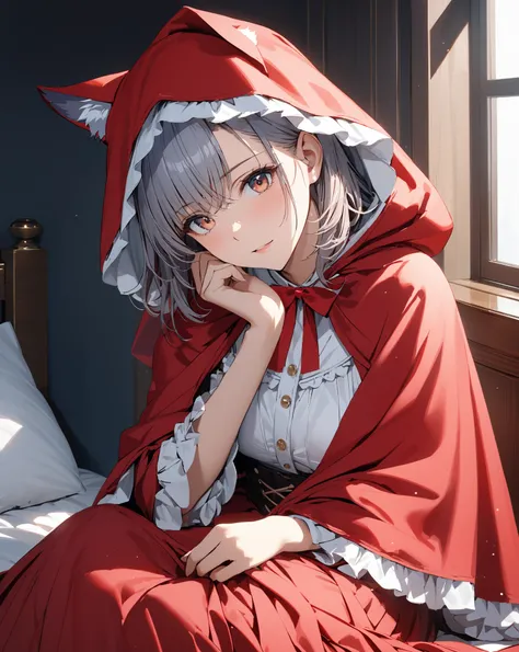 The Wolf Waiting for Little Red Riding Hood, A wolf disguised as an old woman, ( Misaka Mikoto), masterpiece, highest quality, UHD, retina, masterpiece, accurate anatomy, super detailed, high quality, best quality, 8k