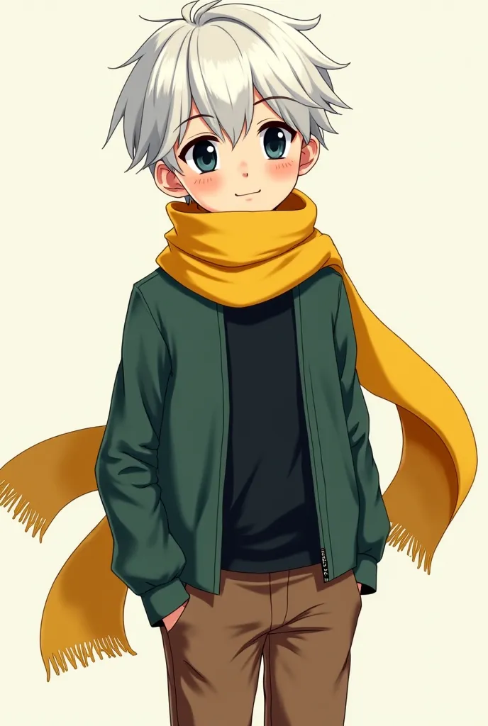 Light-skinned boy with black eyes, white hair dressed in a black T-shirt, dark green jacket with brown pants, black shoes and a yellow scarf up to his feet in two bands anime style.