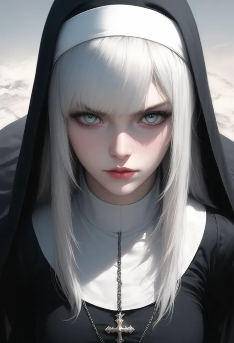 character (hair bangs) (long white hair) (  pale white skin ) (battle nun style clothing) ( black clothes) (character) (perspective angle taken)