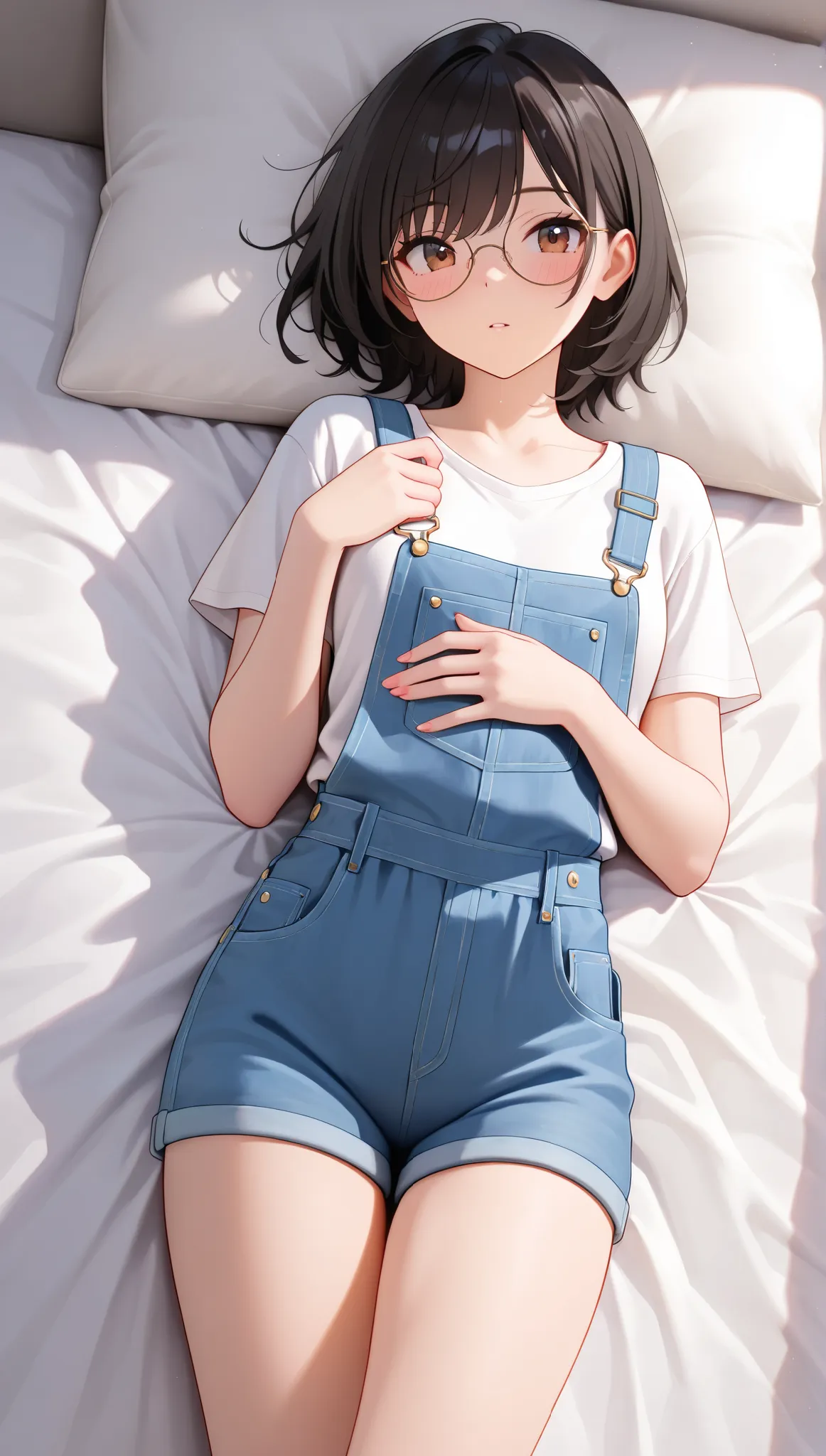 Best Picture Quality, High Quality, Masterpiece, Superb Quality,Perfect Anatomy, Performance, Good Lighting, Shadows On Movie, A close-up watercolor painting of a young woman lying on a bed, wearing round glasses and denim overalls. soft natural light, the...