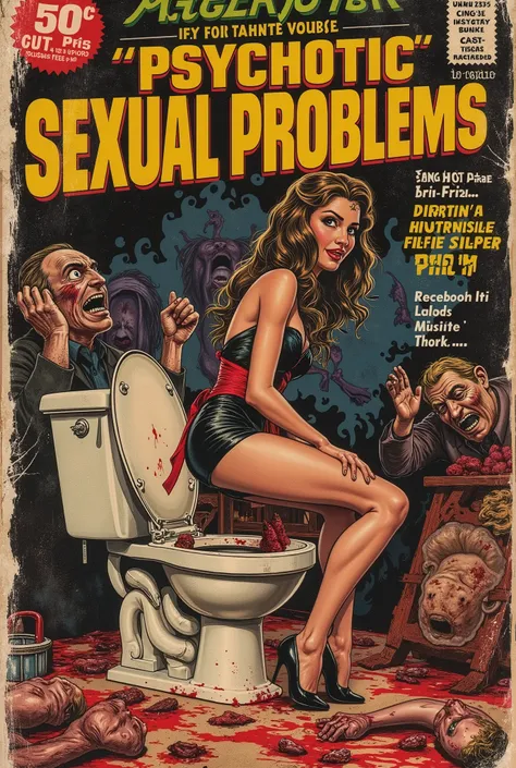 Vintage 60s & 70s romance comic book cover called "PSYCHOTIC SEXUAL PROBLEMS", classic horror font, bold, stroke embossed border, show price of .50 cents and publisher logon, gory fiction, satirical horror, torn, worn, collector's item, pretty woman sniffi...