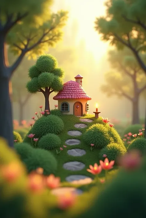 there is a small house on a hill with a tree and a candle, digital art by Alexander Kucharsky, polycount contest winner, digital art, cute 3 d render, stylized 3d render, sunlight and whimsical houses, fantasy matte painting，cute, beautiful render of a fai...