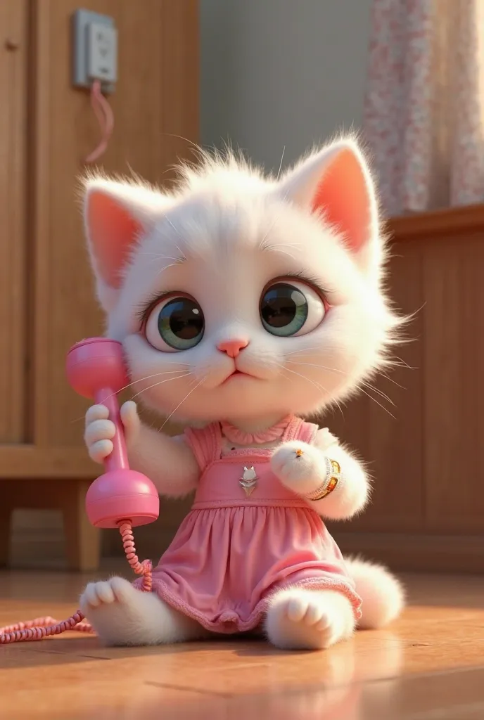 "A highly detailed, 3D-rendered digital image of an adorable white kitten wearing a pink dress, sitting on a wooden floor in a cozy home setting. The kitten has large, glossy, teary eyes, and a sad expression while holding a pink telephone. The kitten's le...