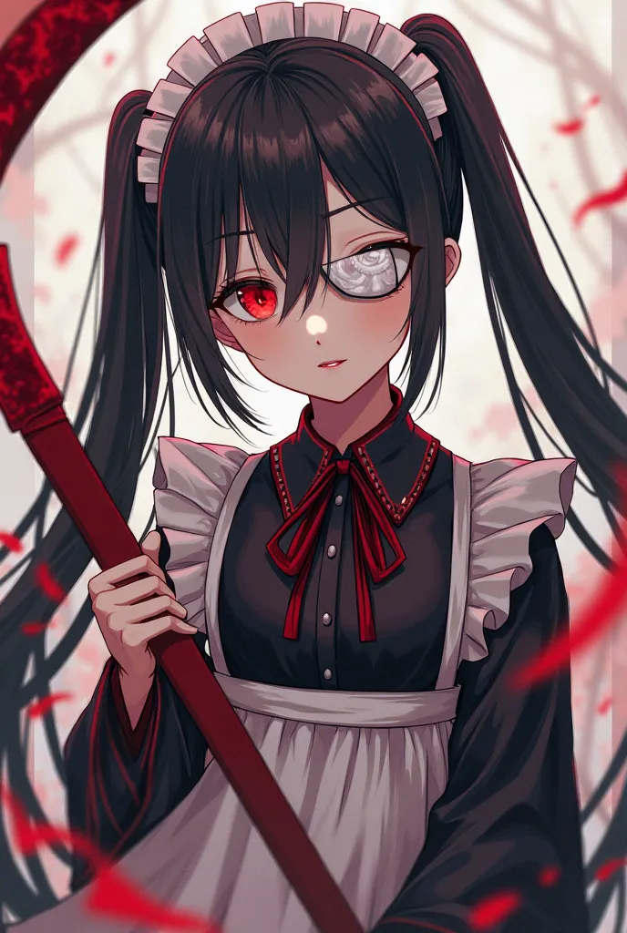 Black-haired girl with two long pigtails up to the knees, adorning her red hair with a white patch on her eye and a red eye, dressed as a maid and kimono touch with black and red touches, a red scythe (anime) 