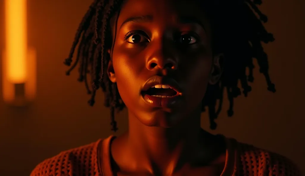 A casting flickering orange light against the inky blackness. Matilda, a young black woman with dark braids and sharp features face is illuminated—her expression frozen in shock and fear.

Camera Angle: A cinematic storytelling tradition close-up shot, foc...