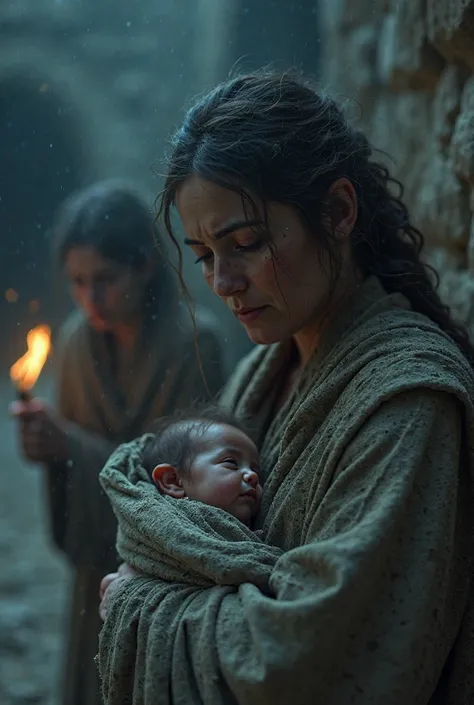 A cinematic, hyper-realistic close-up shot of a tear-streaked woman from biblical times, her face covered in dust and dirt, with deep sorrow in her hollow eyes as she clutches a frail baby wrapped in tattered cloth. The baby’s tiny fingers rest against her...