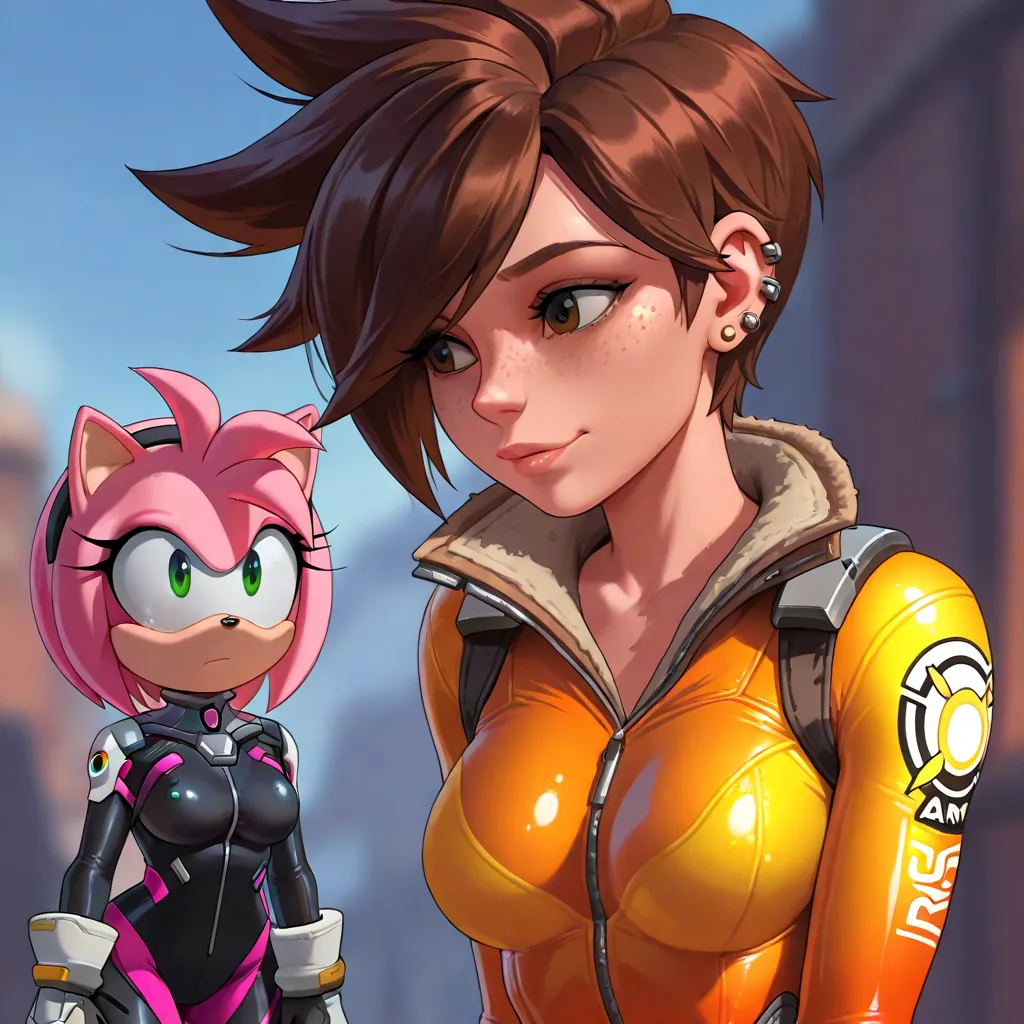 TracerOv2, 1girl, short hair, brown hair, gloves, brown eyes, freckles, orange bodysuit, swept bangs, piercing, spiked hair, ear piercing, skin tight, bodysuit, tracer (overwatch), underwear,amy rose, furry female, pink fur, short hair, green eyes, pink ha...