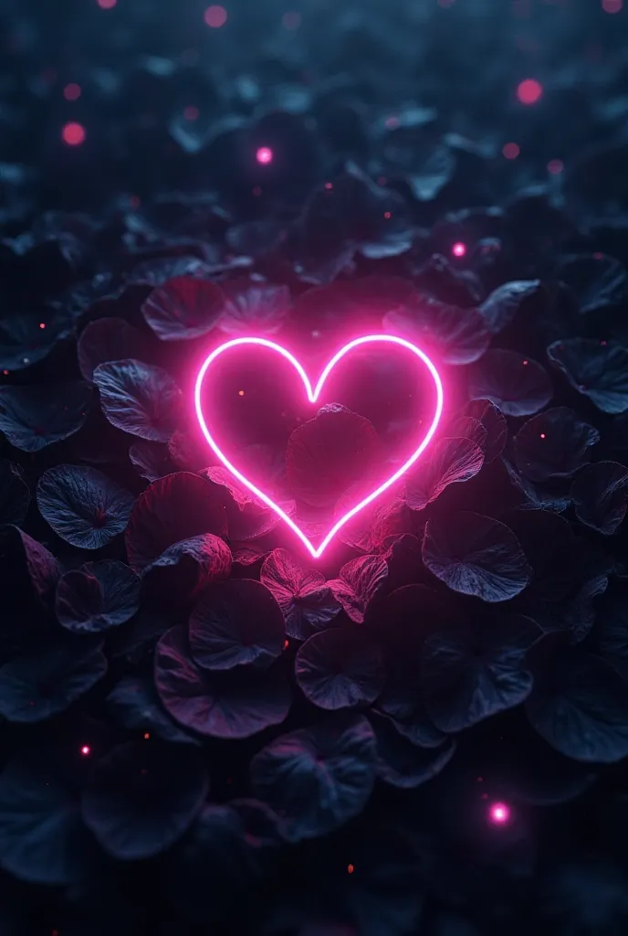 Background of black petals with a neon light rainbow heart in the center