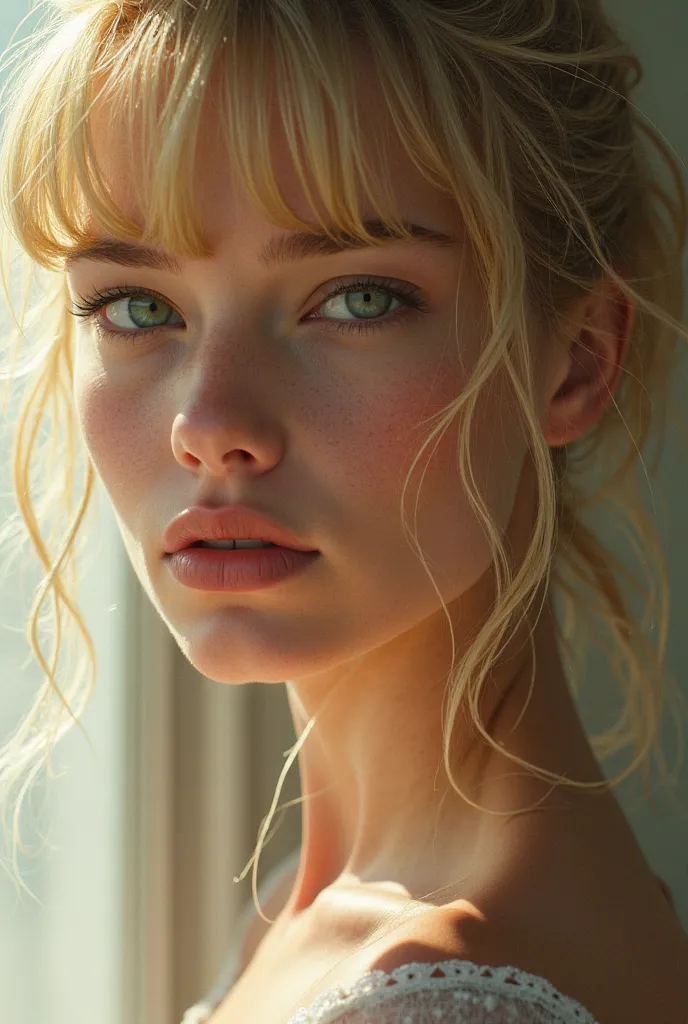 Tall girl with green eyes with blond hair with bangs 