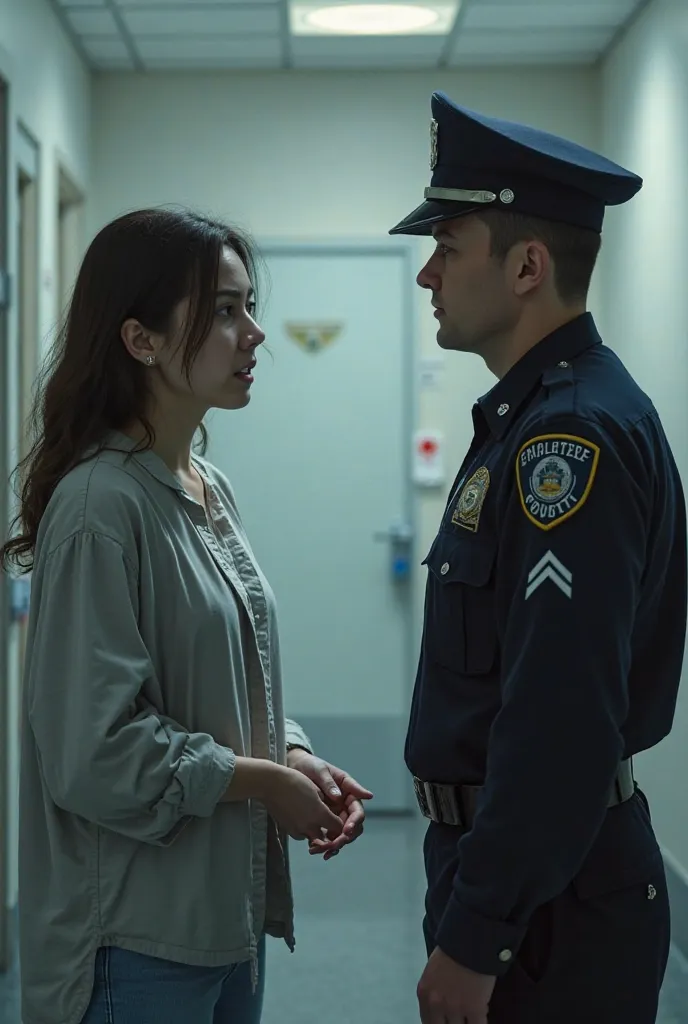 A young woman talking to a policeman in a hospital 