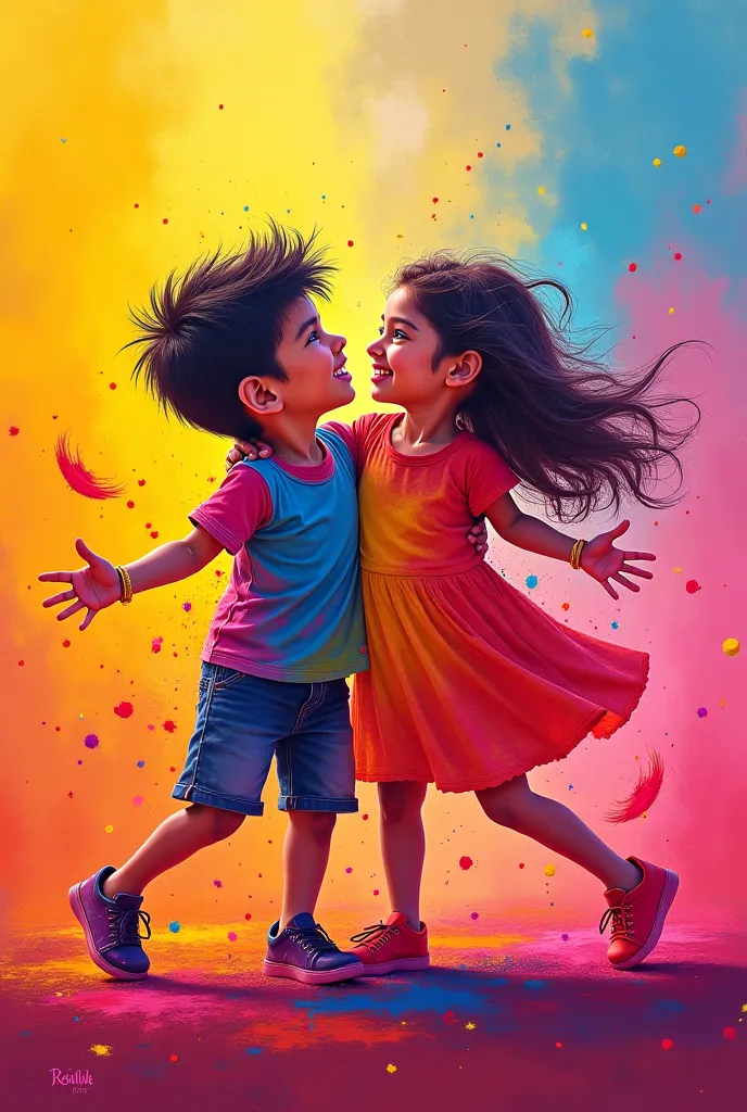 A photo background Happy Holi was written and in it a boy and a girl were drawn in colorful colors and in front of them my name was written and Renok Dileep"