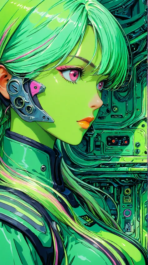 ((best quality)), ((masterpiece)), (detailed), perfect face of cyberpunk mecha japanese girl, neon pink eyes, neon green body, neon green hair, ((monochromatic neon pink, yellow, and green color palette)), surreal, art nouveau, in the illustrative style of...