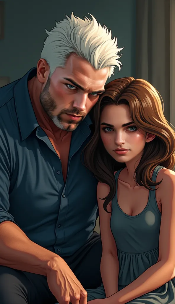 Epic digital illustration style, Concerned very muscular oversized body man (male, mid 50s, wise features, short white hair) with worried expression, sitting beside a very very beautiful brown hair girl with stunning blue eyes, soft lighting, cinematic lig...