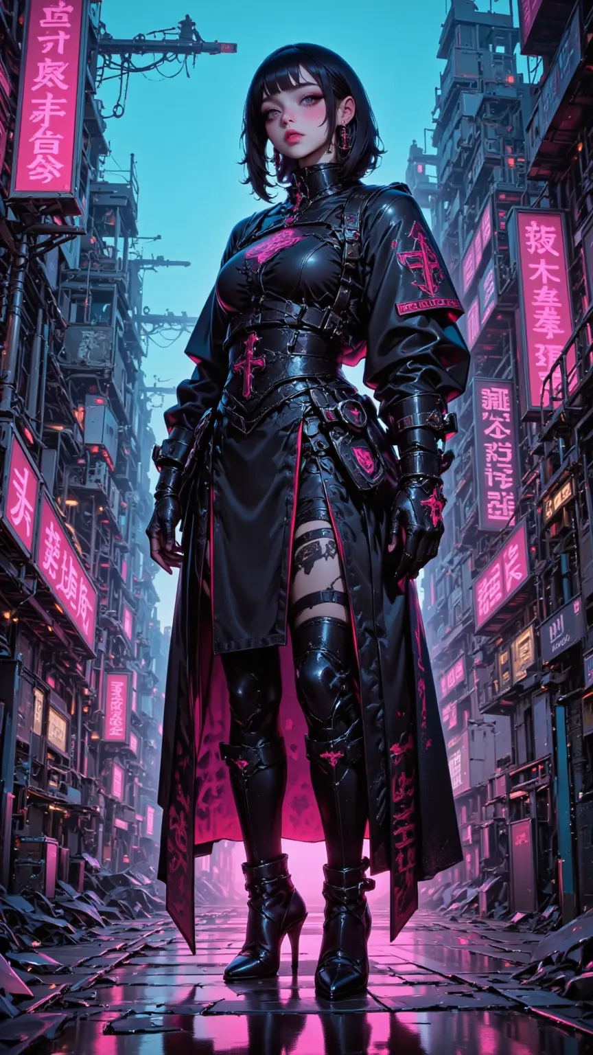 A futuristic female samurai，with holographic display and neon body communication，reflected on wet street，with cyberpunk atmosphere，Digital watercolor style， fine detail，Vivid Colors