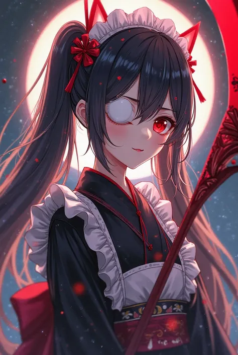 Black-haired girl with two long pigtails up to the knees, red hair ornament with a white patch on one eye and a red eye on the other, dressed as a maid and kimono touch with black and red touches, a red scythe (anime) 