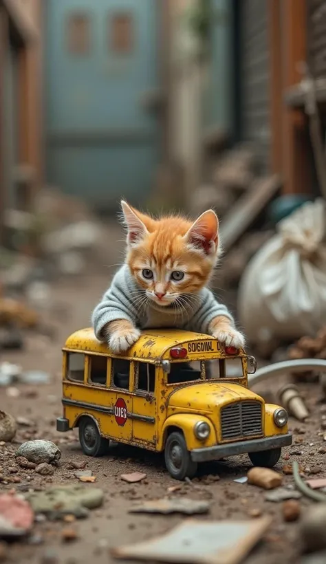 A cute orange kitten wearing a small, slightly oversized grayish-white shirt is curiously playing with an old, rusty yellow toy school bus. The kitten's expression is focused and innocent. The setting is a cluttered, abandoned junkyard filled with scattere...