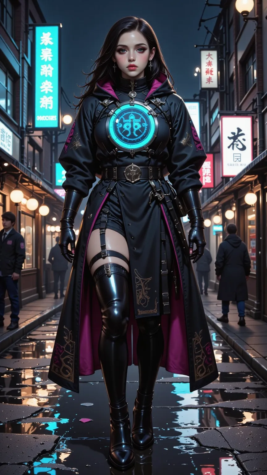 A futuristic female samurai，with holographic display and neon body communication，reflected on wet street，with cyberpunk atmosphere，Digital watercolor style， fine detail，Vivid Colors