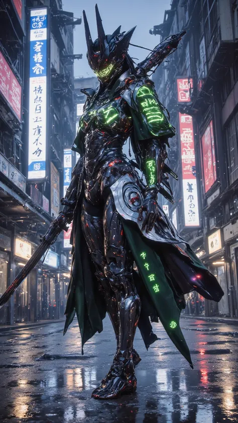 A futuristic female samurai，with holographic display and neon body communication，reflected on wet street，with cyberpunk atmosphere，Digital watercolor style， fine detail，Vivid Colors