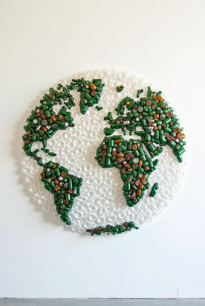 mineral water bottle，Use waste plastic bottles to make up a picture of the Earth and hang it on the white wall， front view ，No shadow，PS Material，