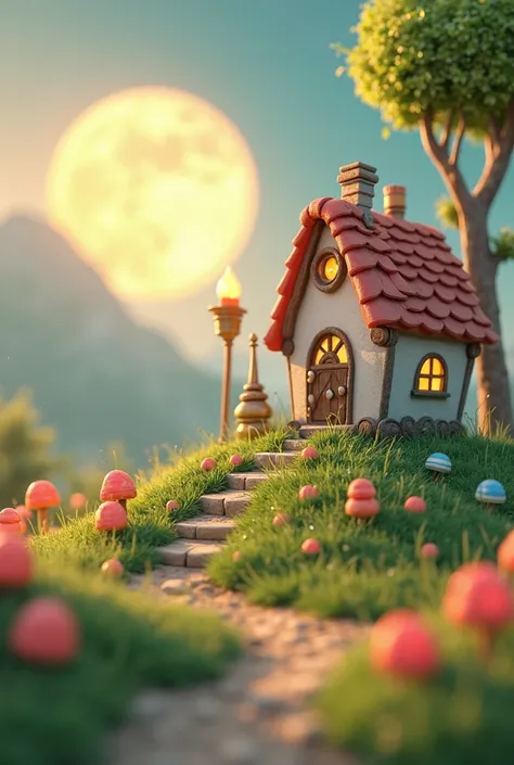 there is a small house on a hill with a tree and a candle, cute 3 d render, stylized 3d render, sunlight and whimsical houses, fantasy matte painting，cute, beautiful render of a fairytale, candy forest, cute detailed digital art, stylized as a 3d render, w...