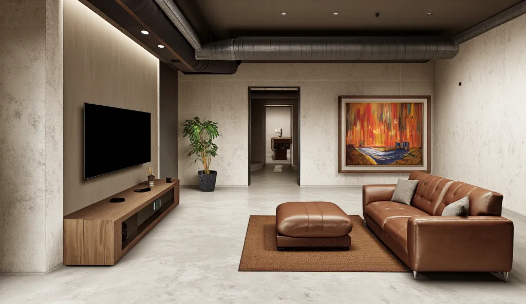 design a loft bedroom, highly polished precast concrete floor and walls with colorized off-white finish with polished stone aggregate showing in the concrete, exposed hvac duct work at ceiling, ultra modern leather furniture, high definition tv on wall, co...