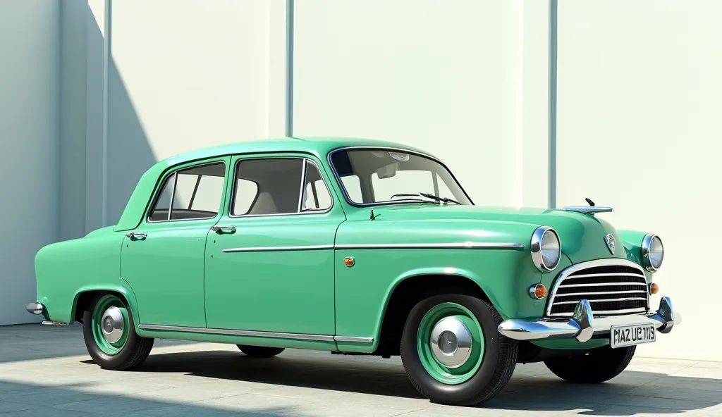 Create a dynamic and realistic high resolution shiny mint green Exterior 1957 Hindustan Ambassador side view behind the wall white