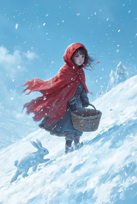 Realistic, live photo 8K quality, a work of art, snowflakes fluttering in the air, ice blue sky, a girl in a red hood walking down a snow-covered hill with a basket, the wind blowing against the girl, a snow rabbit hopping along behind her.