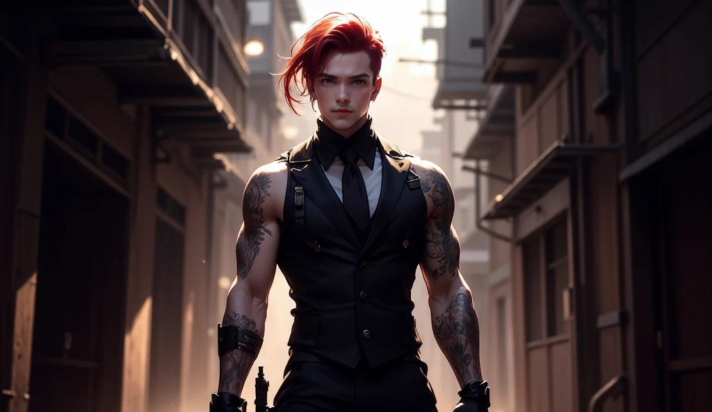 A tall, smart male assassin with striking red hair. He has a lean, muscular build, and his eyes are sharp and calculating. He wears a sleek black suit with a subtle tactical edge, featuring hidden weapons and gear. His face is angular with a sharp jawline,...