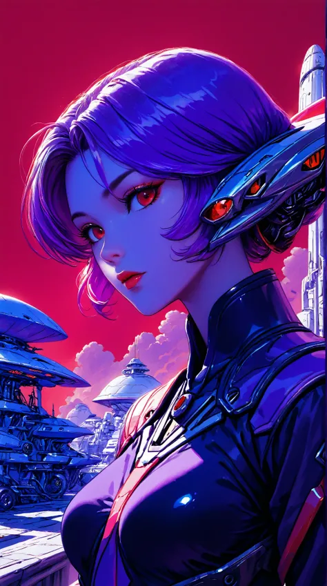 ((best quality)), ((masterpiece)), (detailed), perfect face of cyberpunk mecha japanese girl, neon red eyes, neon blue body, neon purple hair, ((monochromatic neon red, blue, and purple color palette)), surreal, art nouveau, in the illustrative style of mo...