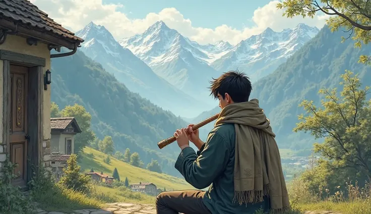 A young man is seen from behind sitting in front of a house in.A village between the mountains wears a scarf with a scarf covering his head and playing a flute