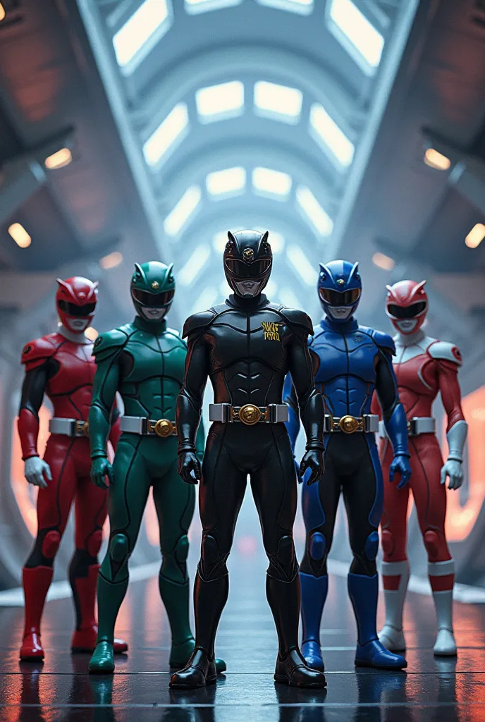 new power rangers era, living on a space station, realistic humanoid, 5 power rangers, red, blue, green, black, white