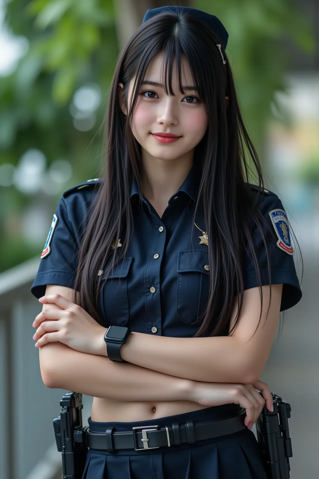 A photo of a cute, smiling young woman with long black hair and light skin. She is wearing a dark blue police officer's uniform, including a short-sleeved shirt unbuttoned to reveal a visible bra underneath, a pleated skirt lifted to show her panties, and ...