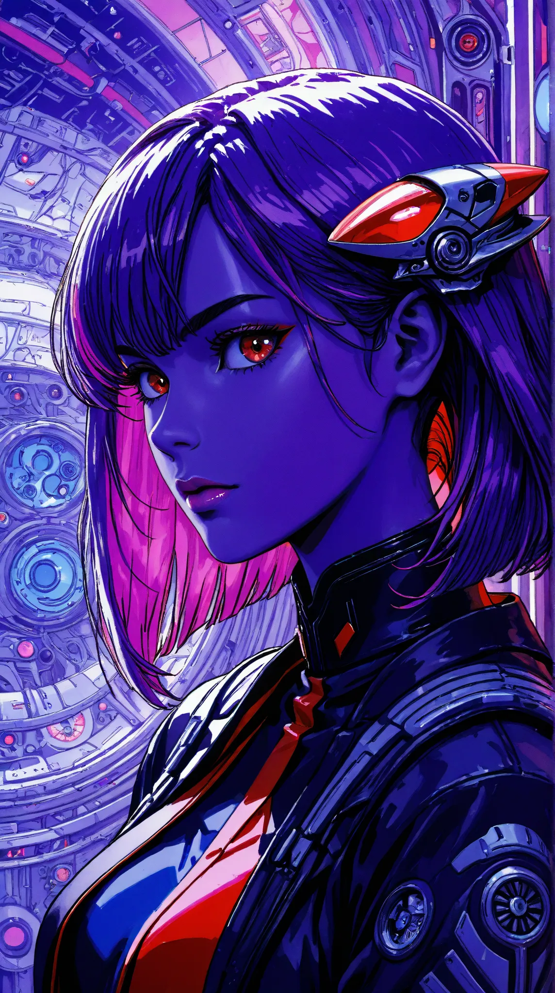 ((best quality)), ((masterpiece)), (detailed), perfect face of cyberpunk mecha japanese girl, neon red eyes, neon blue body, neon purple hair, ((monochromatic neon red, blue, and purple color palette)), surreal, art nouveau, in the illustrative style of mo...