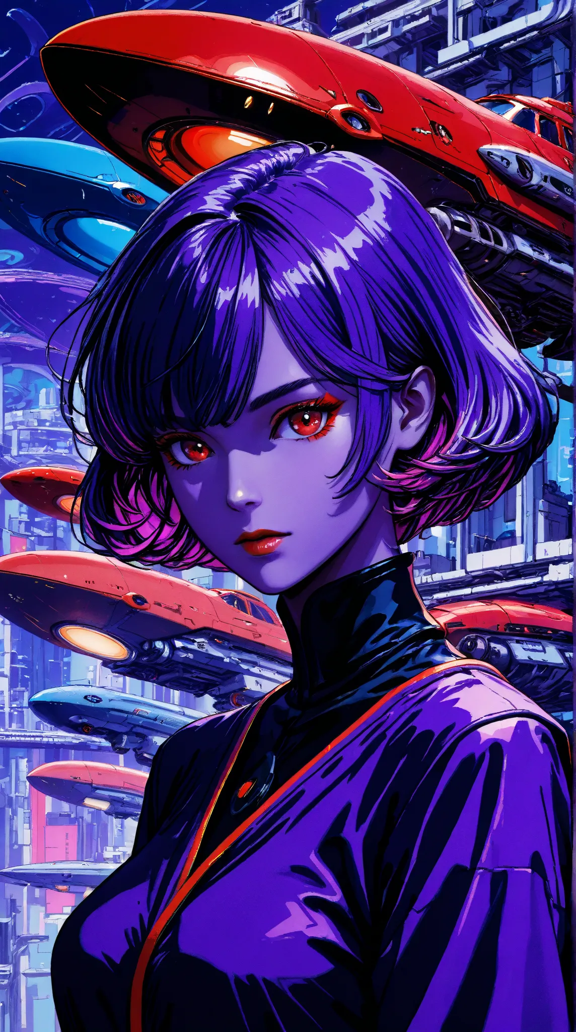 ((best quality)), ((masterpiece)), (detailed), perfect face of cyberpunk mecha japanese girl, neon red eyes, neon blue body, neon purple hair, ((monochromatic neon red, blue, and purple color palette)), surreal, art nouveau, in the illustrative style of mo...