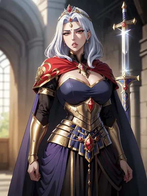 AnjelikaV2, (best quality, masterpiece:1.3), 1girl, Warrior, sword, armor, upper body,  , royal, tiara, royal crest, cape, standing,    parted lips,  film grain, blurry foreground, anime screencap, head tilt, parted lips, looking to the side,