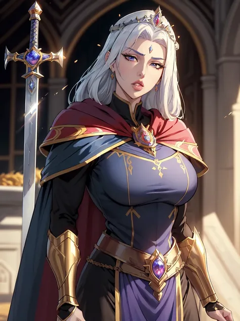 AnjelikaV2, (best quality, masterpiece:1.3), 1girl, Warrior, sword, armor, upper body,  , royal, tiara, royal crest, cape, standing,    parted lips,  film grain, blurry foreground, anime screencap, head tilt, parted lips, looking to the side,