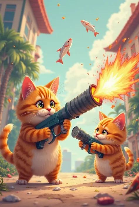 Cute cats fighting while holding a bazooka and firing fish