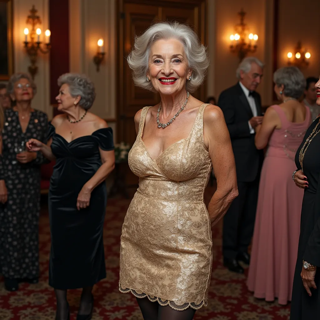 full-length picture,
a ninety nine years old lady,
she smiling broadly,
posing standing,
facing the camera,
her gaze is direct,
she is looking directly at the viewer,
she has an opulent chest,
she is light-skinned,
Her hair is very light gray,
Her hair is ...